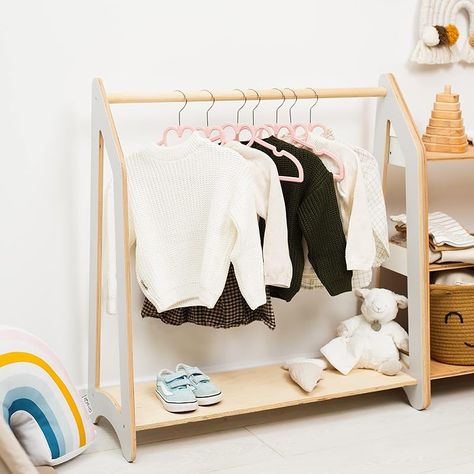 The perfect little rack to hang your toddler's clothes to give them the freedom of picking out their own outfit. This Montessori rack is the perfect size to fit into your existing closet. You can only hang the outfits you approve for them to pick from so you are still in control but giving them the indepenence of choosing from the ones you picked ;) Montessori Wardrobe, Wood Clothing Rack, Wardrobe Shelf, Wooden Clothes Rack, Kids Clothing Rack, Baby Storage, Neutral Room, Wood Clothes, Wooden Wardrobe