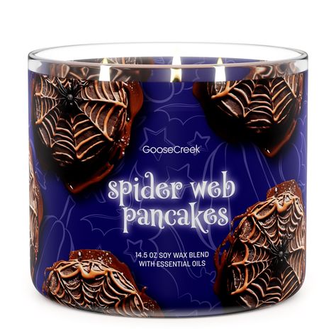 Spider Web Pancakes Large 3-Wick Candle – Goose Creek Candle Candy Corn Cake Pops, Candy Corn Cake, Goose Creek Candles, Autumn And Halloween, Halloween Graveyard, Goose Creek, Boo Basket, Poison Apples, Halloween Vibes