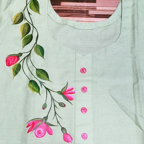 Fabric Painting For Kurtis, Hand Painted Kurti Designs, Fabric Painting On Kurti, Paint Suit Design For Women, Brush Flower, Suit Painting, Painting Dress, Fabric Colour Painting, Fabric Paint Shirt