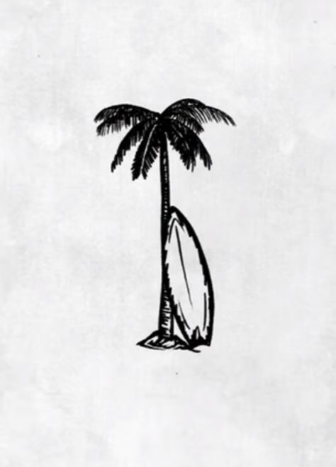 Mountain Surf Tattoo, Palm Tree And Surfboard Tattoo, Palm Tree Surfboard Tattoo, Surfer Style Tattoo, Simple Surf Tattoo, Surf Board Tattoo Simple, Men Beach Tattoo, Beach Patchwork Tattoo, Surf Tatoos Ideas