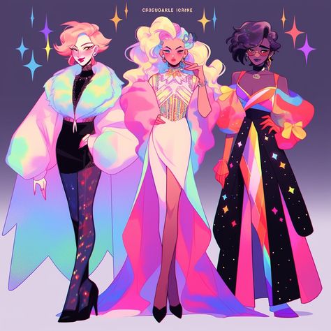 Rainbow Outfit Drawing, Colorful Outfits Drawing, Iridescent Character Design, Kawaii Witch Outfit, Space Ranger Character Design, Pop Star Character Design, Witch Oc Character Inspiration, Star Outfit Drawing, Pop Idol Outfit