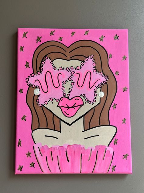 Gal In Glasses Painting, Funky Gal Painting, Girly Painting Ideas, Dorm Room Canvas, Sorority Christmas, Glasses Painting, Cute Easy Paintings, Bedroom Painting, Shell Ideas