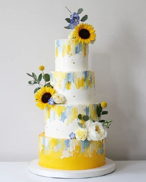 Yellow and Dusty Blue for Yellow Wedding Theme 2023, Dusty Blue Bridesmaid Dresses White Yellow and Dusty Blue Bouquet - ColorsBridesmaid Dusty Blue And Sunflower Wedding, Blue And Yellow Wedding Cake, Blue And Yellow Cake, Yellow Flower Cake, Flower Cake Ideas, Baby Blue Wedding Theme, Blue Yellow Weddings, Twins Party, Yellow Wedding Cake