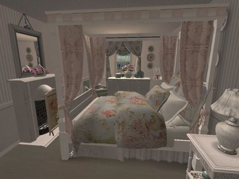 Shabby Chic Bedroom view 2. Virtual Room Design Home Décor using The Sims 2. Sims 4 Coquette Cc Furniture, Sims 2 Bedroom, Bloxburg Coquette, Shabby Chic House, Cottage Core Bloxburg House, Virtual Room, Bedroom View, Blox Burg, Chic House