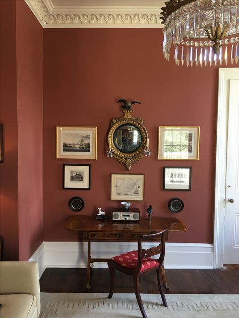 Blue And Red Interior Design, Etruscan Red Farrow And Ball, Dark Red Living Room, Picture Gallery Red, Red Feature Wall, Red Wall Paint, Maroon Walls, Red Accent Wall, Red Dining Room