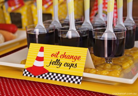 Oil change jelly cups at a Cars Party #cars #partyfood Indy 500 Party, Race Cars Birthday, Cars Birthday Party Ideas, Vintage Race Car Birthday, Nascar Party, Harley Davidson Shirts, Auto Party, Cars Birthday Party, Jelly Cups