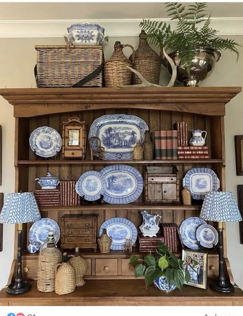 Top Of Built Ins Decor, White Hutch, Hutch Styling, Hutch Decor, Decorating Bookshelves, Bookcase Styling, Nancy Meyers, Bookcase Decor, Blue White Decor