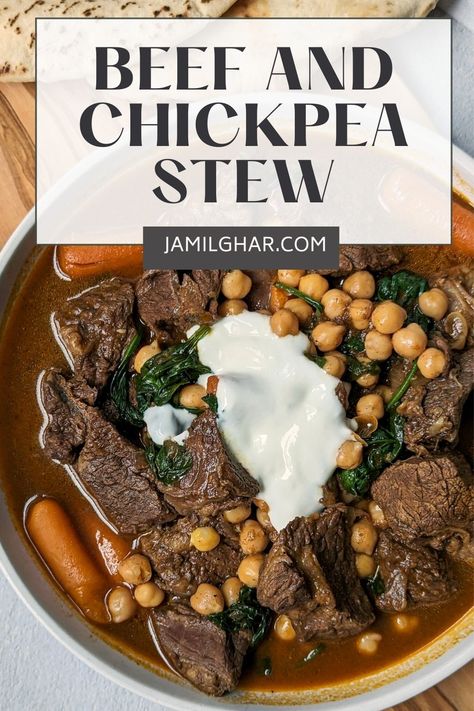 A bowl of beef and chickpea stew topped with yogurt and served with pita in the background. Chinese Beef Stew, Beef Stew Meat Recipes, Moroccan Beef, Beef Shank, Stew Meat Recipes, Vegan Stew, Chickpea Soup, Chickpea Stew, Beef Stew Meat