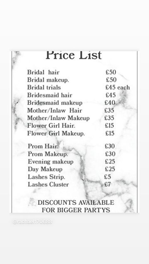 Makeup Price List Ideas, Bridal Checklist, Freelance Makeup Artist Business, Prom Hair And Makeup, Makeup Price List, Makeup Job, Hair Salon Prices, Beauty Salon Price List, Artist Resume