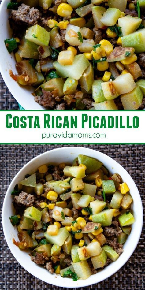 Chayote, ground beef, sweet corn- the perfect Costa Rican picadillo recipe. Paleo, Whole 30, warm salad, side dish, main dish Ground Beef Picadillo, Chayote Recipes, Beef Picadillo, Shredded Beef Recipes, Blue Zones Recipes, Picadillo Recipe, Costa Ric, Chayote Squash, Costa Rican Food