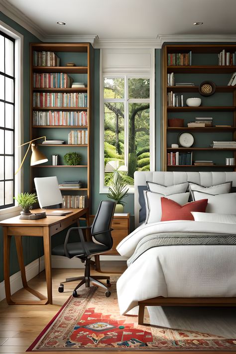 How to Decorate a Bedroom for a Bibliophile - AI generated image for inspirational use only Colorful Eclectic Bedroom, Eclectic Bedroom Design, Eclectic Decor Bedroom, Decor Bedroom Ideas, Bookshelves In Bedroom, Eclectic Bedroom, Bedroom Decor Design, Traditional Bedroom, Bedroom Green