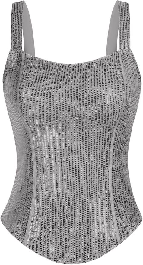 Women Bustier Corset Top Sexy Slim Tank Top Silver Grey Summer Clubwear Sleeveless Party XS at Amazon Women’s Clothing store Curved Hem Top, Pretty Shirts, Sequin Tank, Sequin Tank Tops, Women Party, Deep Pink, Sequin Fabric, Ladies Party, Wide Straps