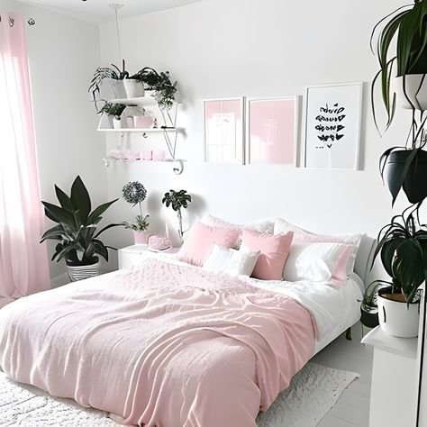 A photo of a pink and white adult bedroom. The walls are white and the decor is soft pink. The bed is made up with white bedding and pink pillows. There are beautiful pink and white art frame paintings and there are plants on the nightstands. The overall effect is calming and inviting Dekorasi Kamar Tidur, Girl Bedroom Designs, Trendy Bedroom, Bedroom Designs, Home Design Decor, Dream Rooms, Designs Ideas, Dream Bedroom, My New Room