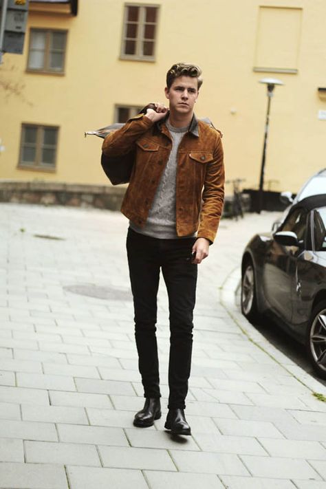 Trucker Jacket Outfit, Street Casual Men, Suede Jacket Outfit, Mens Fall Outfits, Guy Style, Mens Casual Outfits Summer, Stylish Men Casual, Fall Outfits Men, Winter Outfits Men