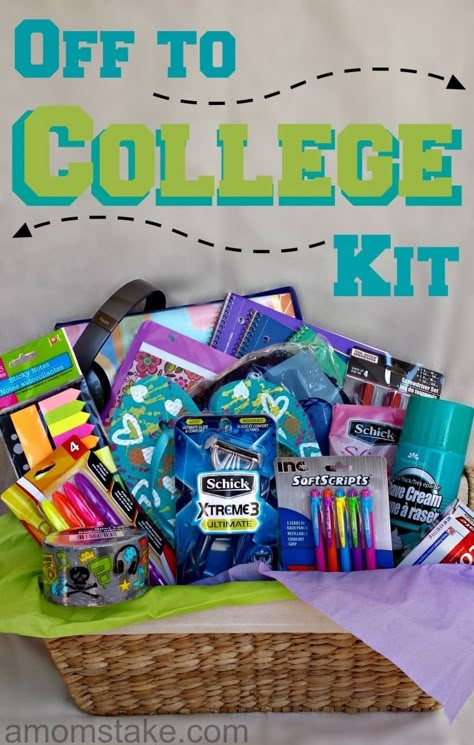 Off to College Kit via @amomstake High School Graduation Gift Basket, College Kit, College Basket, College Gift Baskets, Graduation Gift Basket, College Survival Kit, Trunk Party, College Girl Gifts, Going To College