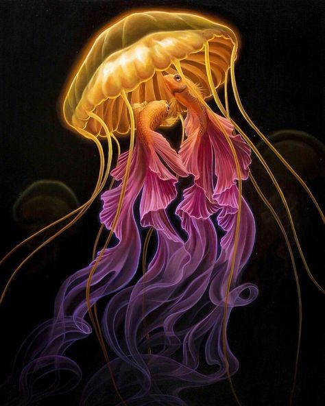 Jellyfish Art, Wildlife Artwork, Wildlife Paintings, Desenho Tattoo, Surrealism Painting, Simple Acrylic Paintings, Art Inspiration Painting, Fish Art, Surreal Art