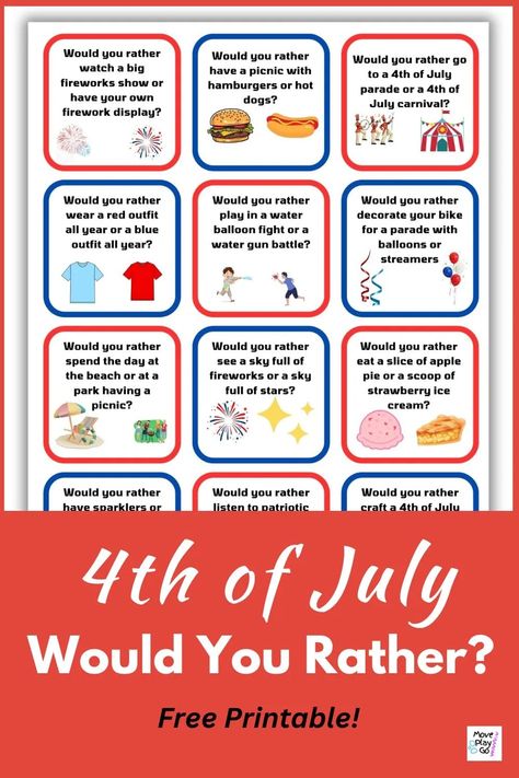 4th of July Would You Rather Pin 2 4th Of July Movement Cards, 4th Of July Movement Activities, Kids Obstacle Course, Outdoor Summer Activities, 4th Of July Games, Would You Rather Questions, Conversation Cards, Happy Fourth Of July, Movement Activities