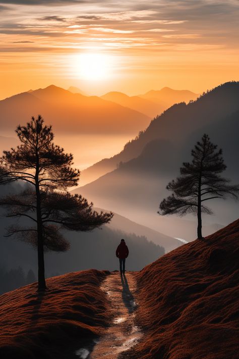 Mountain wallpaper sunrise in autumn season with solitary figure Wall Potraits Ideas, Sun Rise Wallpaper Iphone, Beautiful Sunrise Photography Mornings, Sunrise Mountain Painting, Mountain Sunrise Wallpaper, Sunrise Wallpaper Iphone, Morning Sunrise Aesthetic, Sunrise Landscape Photography, Morning Light Photography