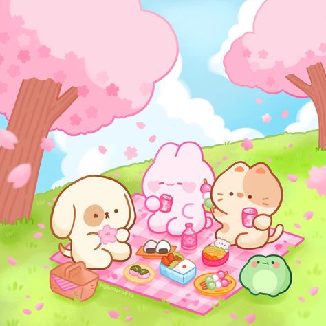 Hanami Picnic, Kawaii Picnic, Picnic Drawing, Kawaii Coloring Book, Cherry Blossom Flower, Soft Food, Cute Food Drawings, Cute Kawaii Drawings, Kawaii Doodles