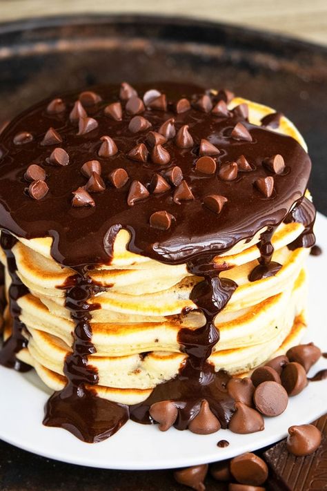 Chocolate Chip Pancakes {Soft & Fluffy} - CakeWhiz Easy Chocolate Chip Pancake Recipe, Chocolate Chip Pancake Recipe, Chocolate Chip Pancake, Chocolate Chip Pancakes Recipe, Chocolate Syrup Recipes, Banana Chocolate Chip Pancakes, Chocolate Sauce Recipes, Pancake Mix Recipe, Chocolate Cake From Scratch