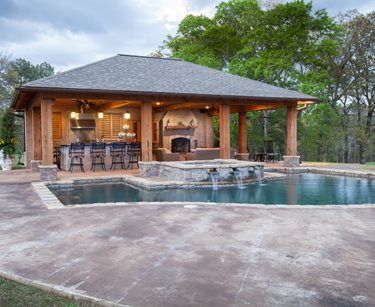 Backyard Cabana Design - Landscaping Network Backyard Pool Cabana Ideas, Backyard Pool Cabana, Pool Cabana Ideas, Backyard Cabana, Cabana Design, Outdoor Gas Fireplace, Pool House Designs, Pool House Plans, Pool Cabana