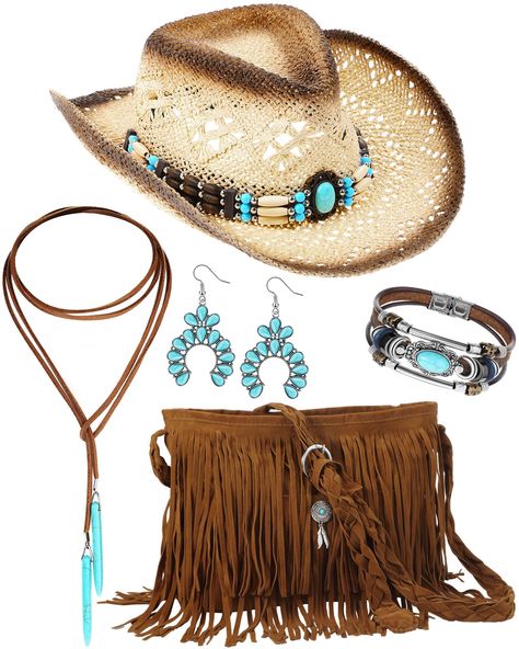 PRICES MAY VARY. Quality Materials: our accessories are made from quality materials; The turquoise jewelry for woman uses an alloy as a base and is beautifully adorned with turquoise; The hat is made from straw, ensuring a comfortable cowboy look; Finally, the tassel bag is made of soft suede with polyester, suitable for your outfits Nice Design: all items in the package of our Boho jewelry set harmonized in a classic color, giving a sophisticated appeal; The classic color enhances the aesthetic Cowgirl Look Western, Western Style Jewelry, Womens Cowboy Hats, Cowboy Theme Party Outfit Women, Women’s Western Wear, Cowgirls Outfits, Western Party Outfit, Womens Western Outfits, 2024 Costumes