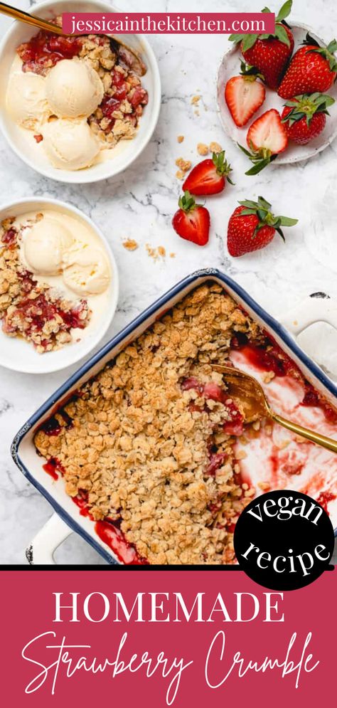 Quick Vegan Desserts, Strawberry Crisp Recipe, Vegan Crumble, Strawberry Crumble, Idea For Summer, Strawberry Crisp, Vegan Summer Recipes, Easy Vegan Dessert, Fruit Dessert Recipes