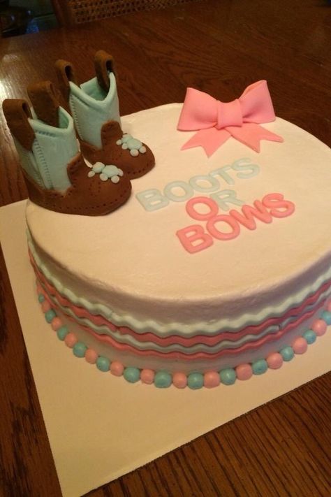 Boots or bows Reveal cake Boots And Bows Gender Reveal Cake, Boots Or Bows Gender Reveal Cake, Boots And Bows Gender Reveal, Boots Or Bows Gender Reveal, Bows Gender Reveal, Sprinkle Ideas, Kay Kay, Bow Gender Reveal, Bow Cakes