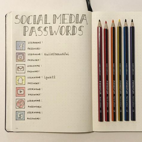 Social Media Passwords Social Media Passwords, Journal D'inspiration, Diario Bullet, Bullet Journel, Bullet Journal 2019, Social Media Sites, Pola Kartu, Bullet Journal Mood, Buku Skrap