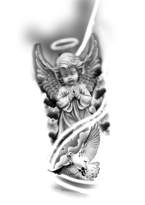 Angel Tattoo With Clouds, Tattoo With Clouds, Angle Tattoo For Men, Angel Sleeve Tattoo, Christus Tattoo, Guardian Angel Tattoo Designs, Angle Tattoo, Memorial Tattoo Ideas, Guardian Angel Tattoo