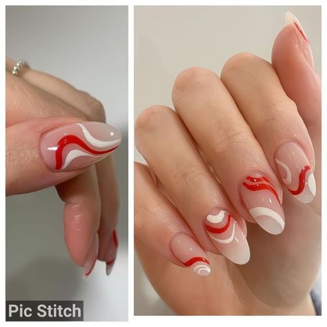 Nails Winter Snowflake, Nail Jelly, Line Nail Designs, Red Press On Nails, Short Coffin Nails Designs, Christmas Press On Nails, Red And White Nails, Nail Designs Ideas, Graduation Nails