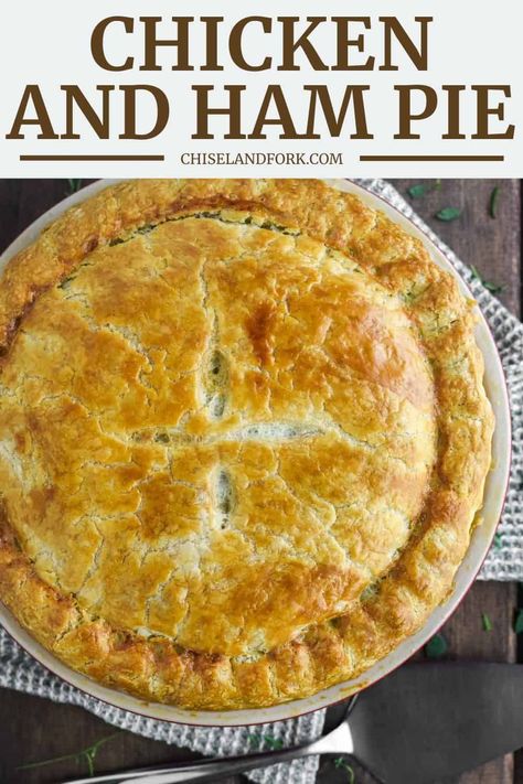 With homemade pie crust and a cozy pot pie-like filling, this chicken and ham pie is the ultimate comfort food. #chickenandhampie #savorypie #potpie | chiselandfork.com Turkey And Ham Pot Pie, Homemade Ham Pot Pie, Chicken And Ham Pie Recipes, Ham Pot Pie Recipe, Pork Casseroles, Chicken And Ham Pie, Ham Pot Pie, Savoury Pie, Ham Pie