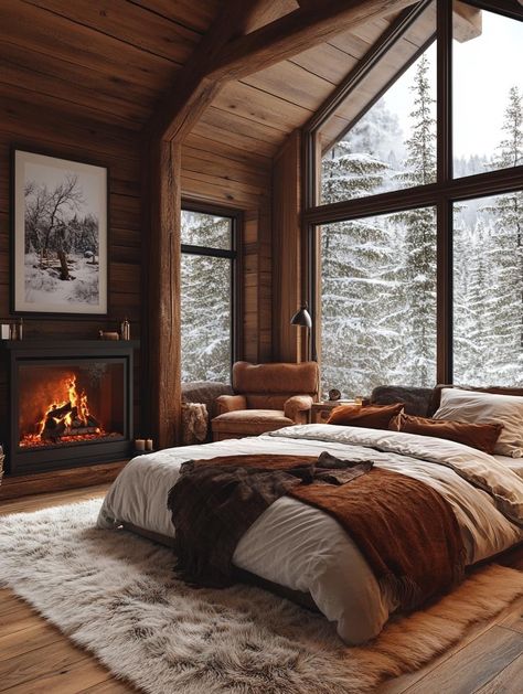 Modern Alpine Interior, Mountain Home Bedroom, Tiny Couch, Rustic Cabin Interior, Cozy Mountain Home, Mountain Interior Design, Mountain Bedroom, Lodge Bedroom, Rustic Mountain Homes