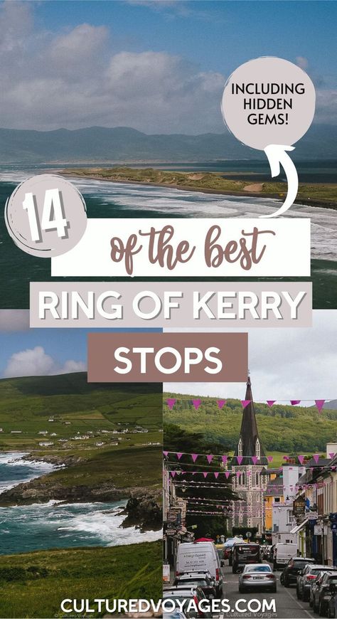 best ring of kerry stops pin cover, with image of sea along sand bar in kerry, waves crashing against a green headland and the colourful town of kenmare, with bunting and church spire Ring Of Kerry Ireland, Ireland Road Trip Itinerary, Ireland Places To Visit, Ireland Pictures, Best Ring, Ireland Road Trip, Ireland Itinerary, Ireland Map, Dublin Travel