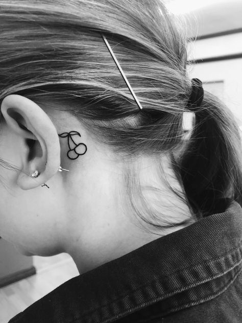 Cherry Behind Ear Tattoo, Cherry Tattoo Behind Ear, Cherry Tattoo, Cherry Tattoos, Buddha Tattoo, Writing Tattoos, Line Art Design, Subtle Tattoos, The Ear