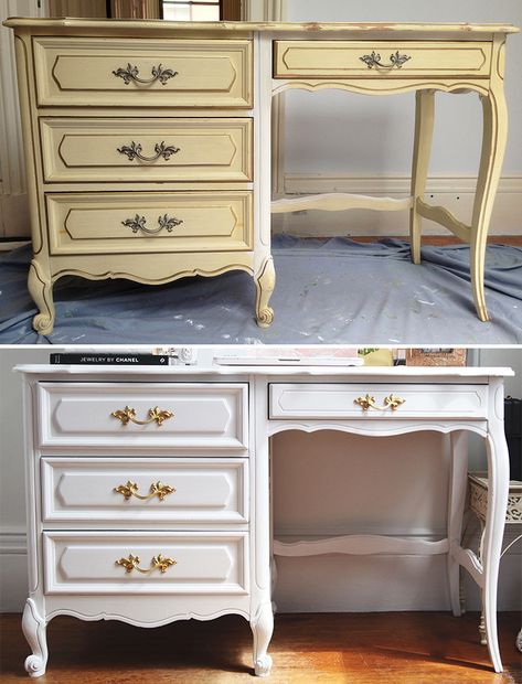 Old Computer Desk Makeover, Refinishing A Desk Ideas, Queen Anne Desk Makeover, French Provincial Decor Bedroom, Thrifted Office, French Provincial Desk Makeover, Old Desk Makeover, Office Desk Makeover, Office Jungle