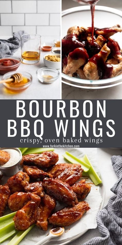 Up your wing game with these Bourbon BBQ Wings! They're oven-baked to crispy perfection then tossed in a spicy, sweet, sticky Bourbon BBQ Sauce. They're finger-licking good and perfect for game day, parties, or an easy weeknight dinner! Bourbon Chicken Wings Recipe, Chicken Wings Recipe Oven, Popcorn Recipes Savory, Barbecue Wings, Chicken Wing Sauce Recipes, Bourbon Bbq Sauce, Wings Crispy, Bbq Chicken Wings Recipe, Wing Sauce Recipes