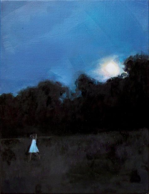 Sandrine Rondard  - Lucie Sous La Lune (Lucie Under The Moon), 2015  Paintings: Oil on Canvas Paris Romance Aesthetic, Night Sky Painting, Paintings Oil, Paint Photography, Night Sky Wallpaper, Digital Art Gallery, Meaningful Art, Cartoon Painting, Moon Painting