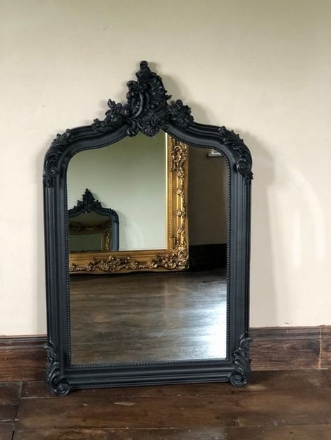 The Annecy Mirror - Matt Black 4FT High £189.00 - Mirrors - Black Mirrors Chateau Luxury Furniture And Mirrors, Rococo, Reproduction, Antique, Baroque and French Style Specialist Black Ornate Mirror, Vintage Black Mirror, Black Vintage Mirror, Black Antique Mirror, Large Black Mirror, Lady Lilith, White Salon, Over Mantle, Arch Wall Mirror