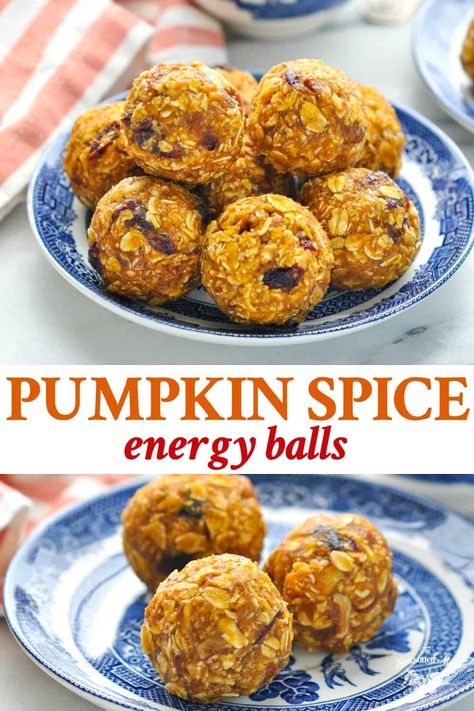 A taste of autumn in every bite! These No-Bake Pumpkin Spice Energy Balls are a vegan, healthy snack with just 10 minutes of prep. You'll love the combination of sweet pumpkin, warm spices, chewy oats, tart cranberries and crunchy pecans for a grab-and-go treat that will put a pep in your step! #pumpkinspice #energyballs #pumpkin #snack Pumpkin Energy Balls, Oatmeal Energy Bites, Fall Sweets, Energy Bites Healthy, Healthier Snacks, Energy Bites Recipes, Energy Ball Recipe, Healthier Eating, Sweet Pumpkin