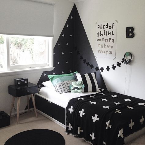 Thought I'd share a pic of the boys room best part finished. I don't think ill ever fully stop buying things for their bedrooms. There's… Boys Black And White Bedroom, Creative Bedroom, Dekorasi Kamar Tidur, Boys Bedroom Decor, Toddler Bedrooms, Black And White Decor, Boy Bedroom, Big Boy Room, Boys Bedrooms