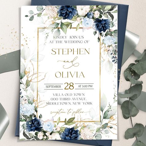 Blue Green Invitation, Blue Wedding Invitation Template, Royal Blue Wedding Invitations, Blue Wedding Stationery, Flowers Invitation, Blue Wedding Invitation, Navy Blue Wedding Invitations, Royal Blue Wedding, Greenery Wedding Invitations