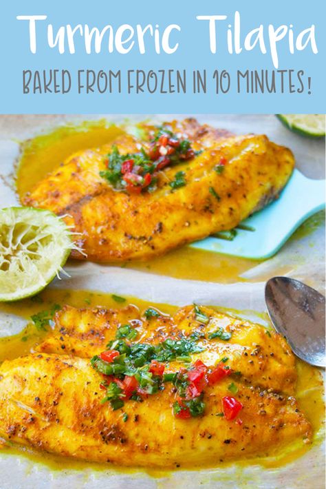 Frozen Fish Recipes, Tilapia Dinner, Baked Tilapia Recipes, Frozen Tilapia, Camp Recipes, Fish Dinners, Baked Tilapia, Turmeric Recipes, Tilapia Recipes