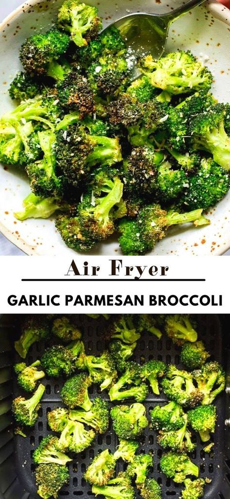 Garlic Parmesan Broccoli Air Fryer, Garlic Parm Broccoli, Roasted Broccoli Recipes Air Fryer, Parmesan Broccoli Air Fryer, Brocolli Air Fryer Recipe, Air Fryer Salmon And Broccoli, Air Fryer Meal Ideas, Roasted Broccoli Air Fryer, Broccoli Air Fryer Recipes