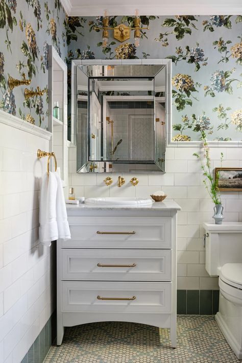 Portfolio | Classic Blue Bath | DEW Design Company LLC Niches Bathroom, Robins Egg Blue Bathroom, Small Architecture, House Of Hackney Wallpaper, Wallpaper And Tiles, Online Design Services, Blue Bath, Patterned Floor Tiles, Chicago Suburbs