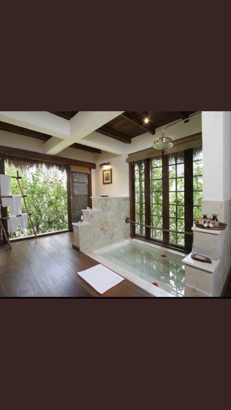 In Ground Tub Master Bath, Bathrooms With Big Bathtubs, Sunken Tubs Master Bath, Tropical Bathtub, Bathroom Jacuzzi Tub Ideas, Bathhouse Ideas, Bathroom Designs 2023, Large Bathroom Remodel, Huge Bathtub