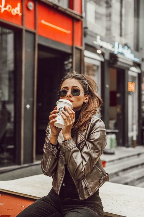 A Woman, Bench, Leather Jacket, Sunglasses, Coffee, Leather