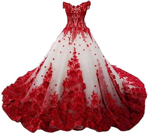 Red And White Princess Dress, Wedding Dresses Plus Size Red, Wedding Dresses With Red Roses, Wedding Dresses In Color, Red And White Wedding Dress Lace, Wedding Dress With Roses On It, Plus Size Wedding Dresses Red, Black Red And White Wedding Dress, Wedding Dresses With Red Accents