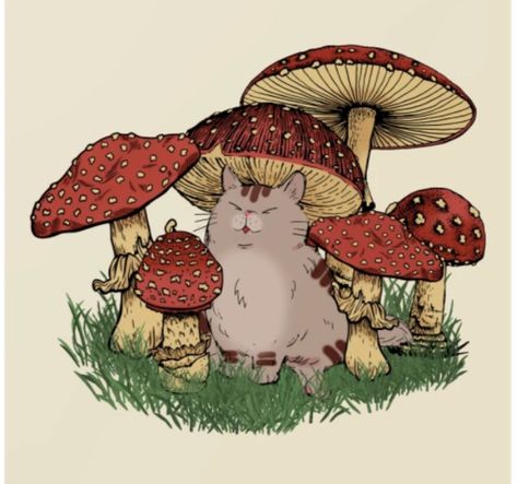 Cat With Mushroom Hat, Cats And Mushrooms, Arte Hippy, Kawaii Mushroom, Retro Kawaii, Otaku Gift, Art Shed, Mushroom Drawing, Mushroom Hat