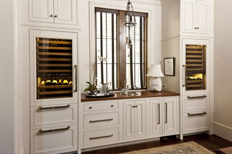 Gorgeous butler's pantry! Wood Bar Cabinet, Butler's Pantry, Wood Countertops, Transitional Kitchen, Shipping Boxes, Wood Bar, Wine Room, Wine Fridge, Bar Cabinet